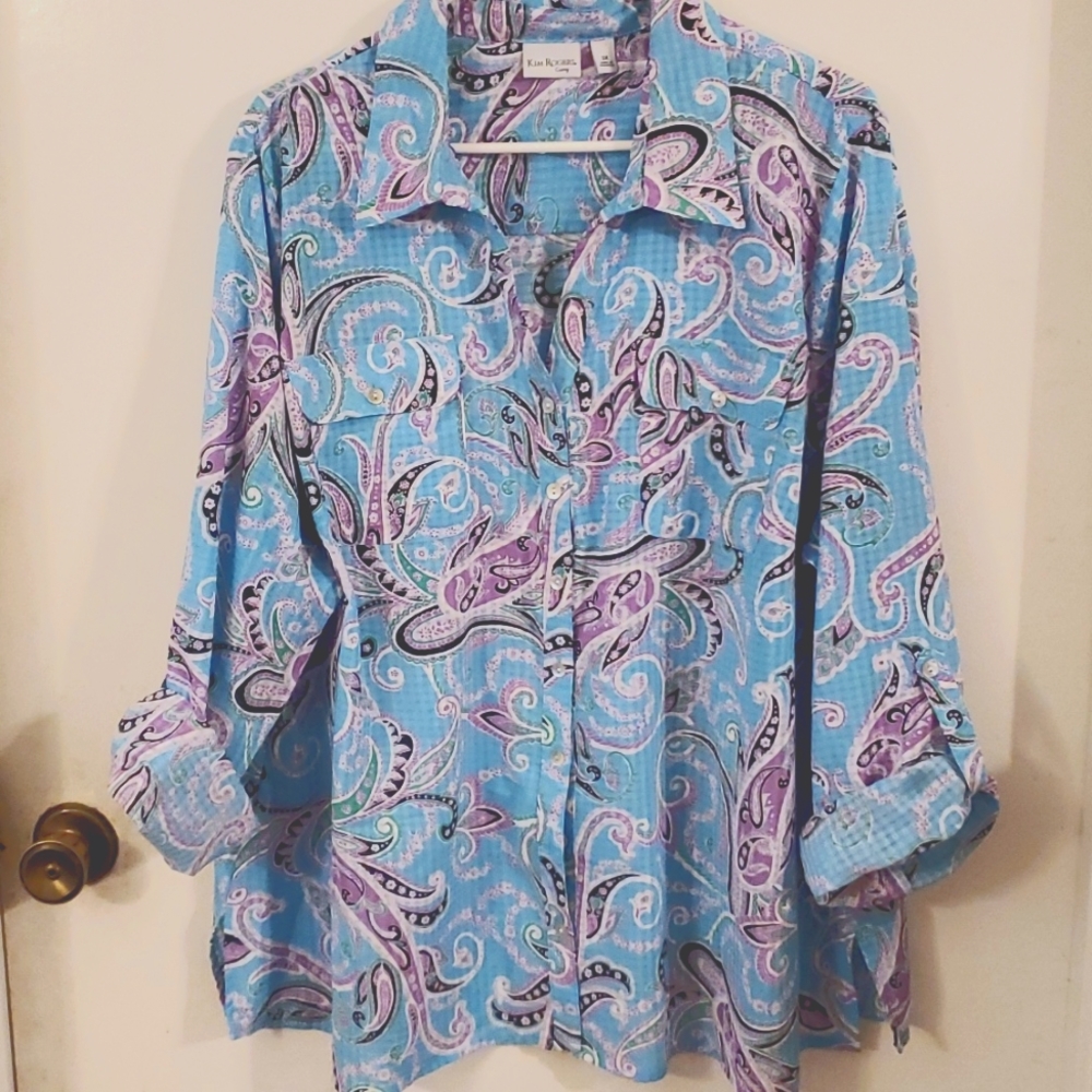 Kim Rogers 3x blue, purple, green, black paisley blouse